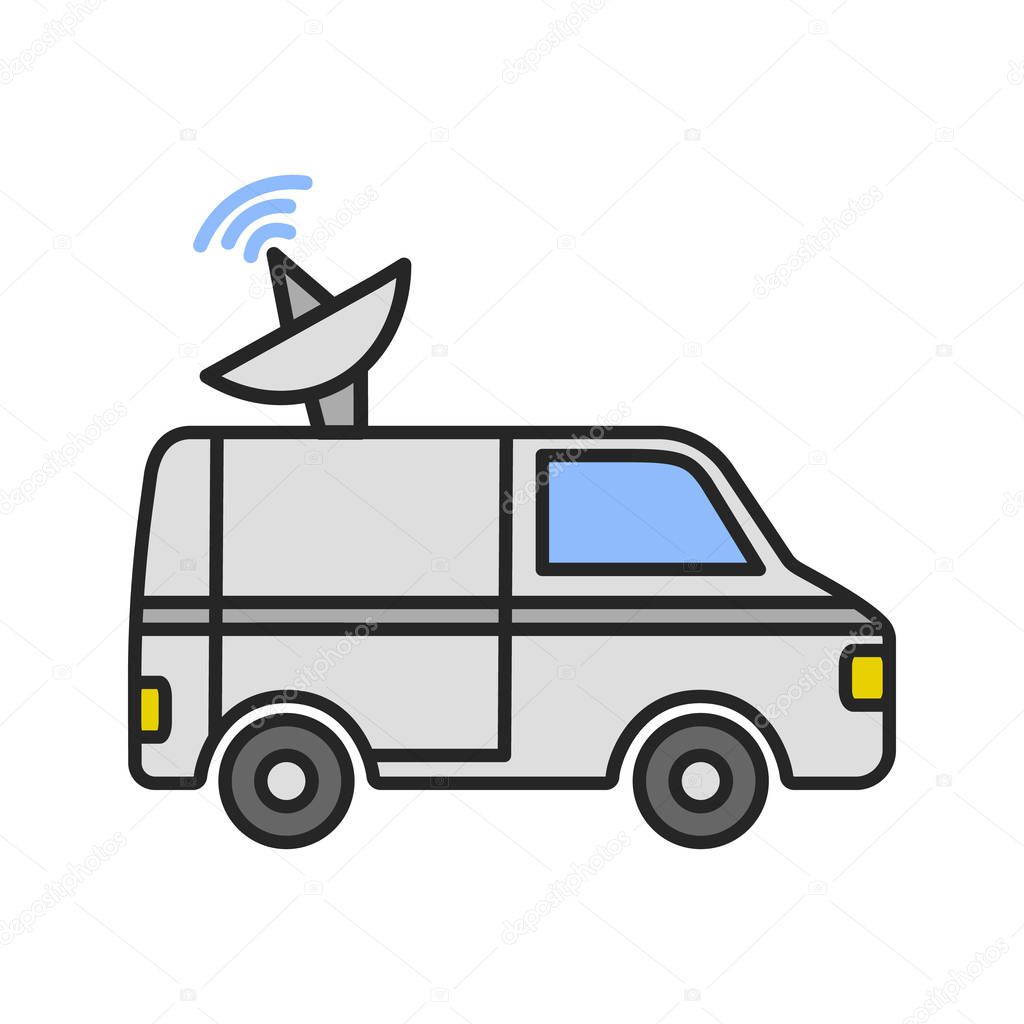News van color icon. Satellite truck. Remote television broadcasting. Isolated vector illustration