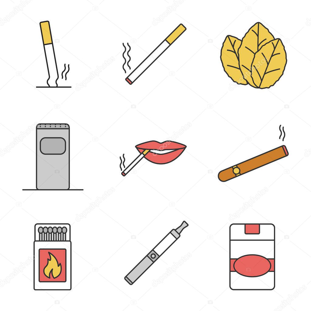 Smoking color icons set. Stubbed out and burning cigarettes, tobacco leaves, garbage bin, smoker's mouth, cigar, matchbox, vape, cigarette pack. Isolated vector illustrations