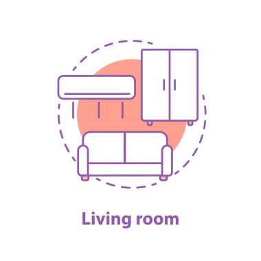 Oturma odası iç kavramı simge. Oda Tasarım fikir ince hat illüstrasyon. Saç kremi, dolap ve kanepe. Çizim vektör izole anahat