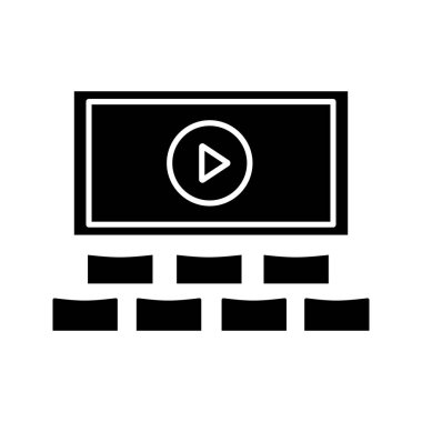 Sinema salonu glif simgesi. Sinema salonu. Siluet simge. Negatif alan. İzole vektör çizim