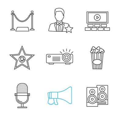 Sinema doğrusal Icons set. Kırmızı halı, aktör, ekran, film yıldızı, projektör, patlamış mısır, mikrofon, megafon, stereo sistemi. İnce çizgi kontur sembolleri. İzole vektör anahat çizimler