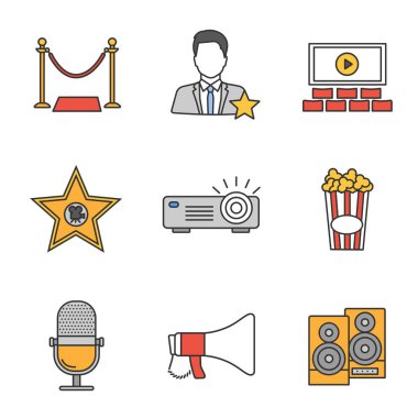 Sinema renk simgeler kümesi. Kırmızı halı, aktör, ekran, film yıldızı, projektör, patlamış mısır, mikrofon, megafon, stereo sistemi. İzole vektör çizimler