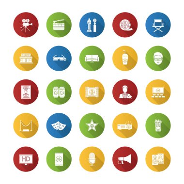 Sinema düz tasarım uzun gölge glif simgeler kümesi. Sinema salonu. Ekipman, hizmet, ödüller. Vektör siluet çizimi