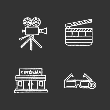 Sinema tebeşir Icons set. Film kamera, sinema Binası, 3d gözlük, klaket. İzole vektör kara tahta çizimler
