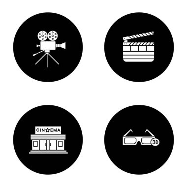 Sinema glif simgeler kümesi. Film kamera, sinema Binası, 3d gözlük, klaket. Vektör beyaz siyah daireler resimlerde siluetleri