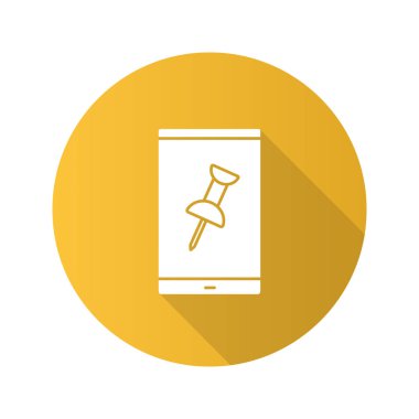 Hareket eden telefon PIN düz tasarım uzun gölge glif simgesi ile. Dosyayı ekleyin. Vektör siluet çizimi