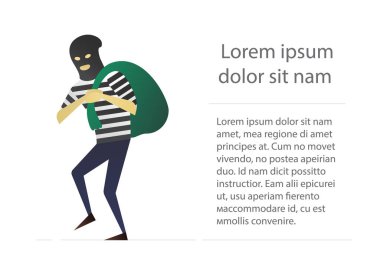 Robber flat character design. Housebreaker. Thief with huge bag on his back. Vector isolated illustration clipart