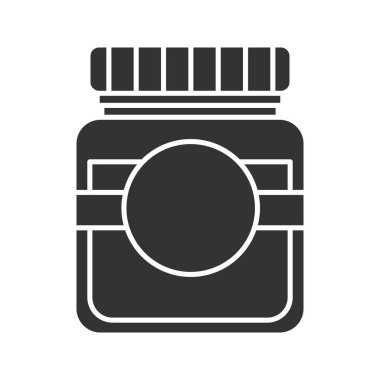 Boş etiket glif simgesi olan cam kavanoz. Siluet simge. Negatif alan. İzole vektör çizim