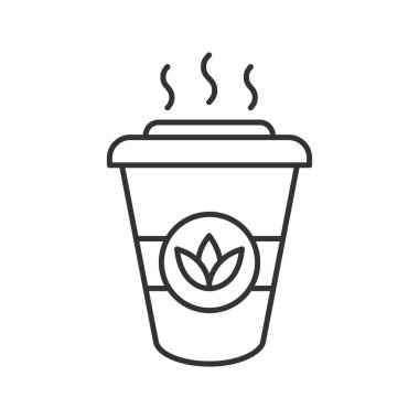 Çay doğrusal simgesini gidin. İnce hat illüstrasyon. İçki detoks. Tek kullanımlık çay bardağı kapaklı. Kontur sembolü. İzole anahat illüstrasyon vektör