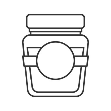 Boş etiket doğrusal simgesi olan cam kavanoz. İnce hat illüstrasyon. Kontur sembolü. Çizim vektör izole anahat