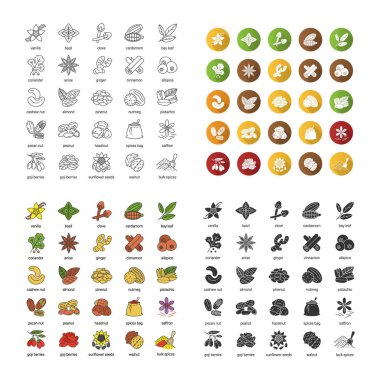 Baharat simgeler kümesi. Lezzet, baharat. Doğrusal, düz tasarım, renk ve simge stilleri. izole vektör çizimler