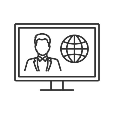 TV haber doğrusal simgesi. İnce hat illüstrasyon. Televizyonda haber spikeri görüntü ayarlayın. Kontur sembolü. Çizim vektör izole anahat