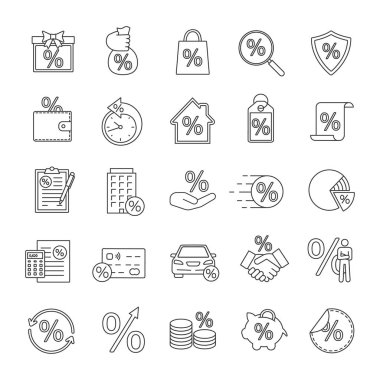 Yüzdeler doğrusal Icons set. İndirim teklifi, gayrimenkul ipotek, bankacılık, para tasarrufu. İnce çizgi kontur sembolleri. İzole vektör anahat çizimler