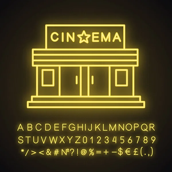 Kino Gebäude Neonlicht Ikone Leuchtendes Zeichen Mit Alphabet Zahlen Und — Stockvektor