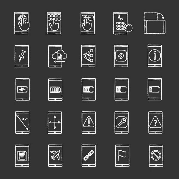 Smartphone Krijt Iconen Set Internetverbinding Gegevensoverdracht Apps Communicatie Geïsoleerde Vectorillustraties — Stockvector