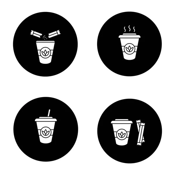 茶饮料字形图标设置 排毒鸡尾酒 黑色圆圈中的矢量白色剪影插图 — 图库矢量图片