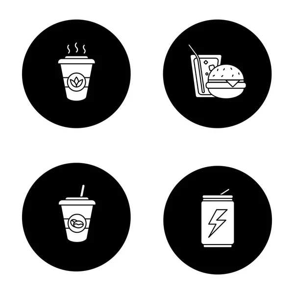 Levensmiddelen Glyph Iconen Set Afhaalmaaltijden Koffie Thee Energiedrank Frisdrank Met — Stockvector