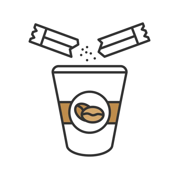 Hinzufügen Von Zucker Zum Kaffeefarbensymbol Einweg Kaffeetasse Und Zuckerbeutel Vorhanden — Stockvektor