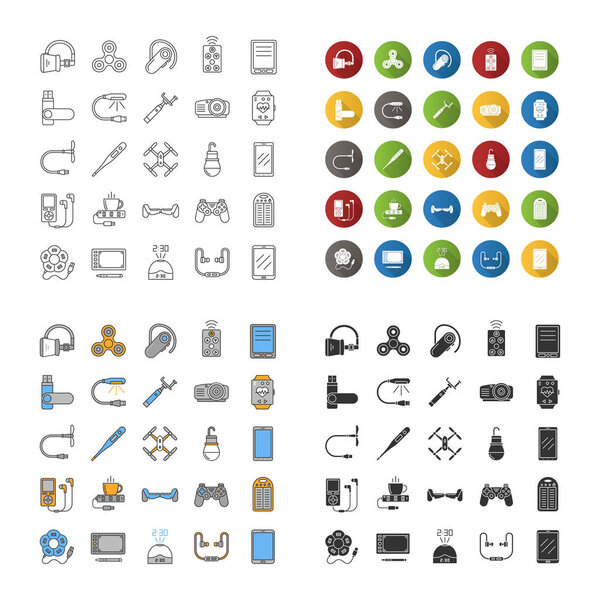 Gadgets icons set. Devices. Modern electronics. Linear, flat design, color and glyph styles. isolated vector illustrations