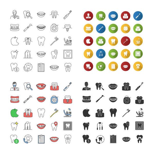 Dentistry icons set. Stomatology. Dental clinic services, instruments, teeth hygiene, problems. Linear, flat design, color and glyph styles. isolated vector illustrations