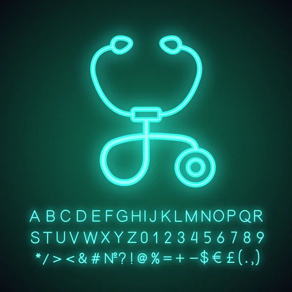 Иконка Неонового Света Стетоскопа Фонендоскоп Светящийся Знак Алфавитом Цифрами Символами — стоковый вектор