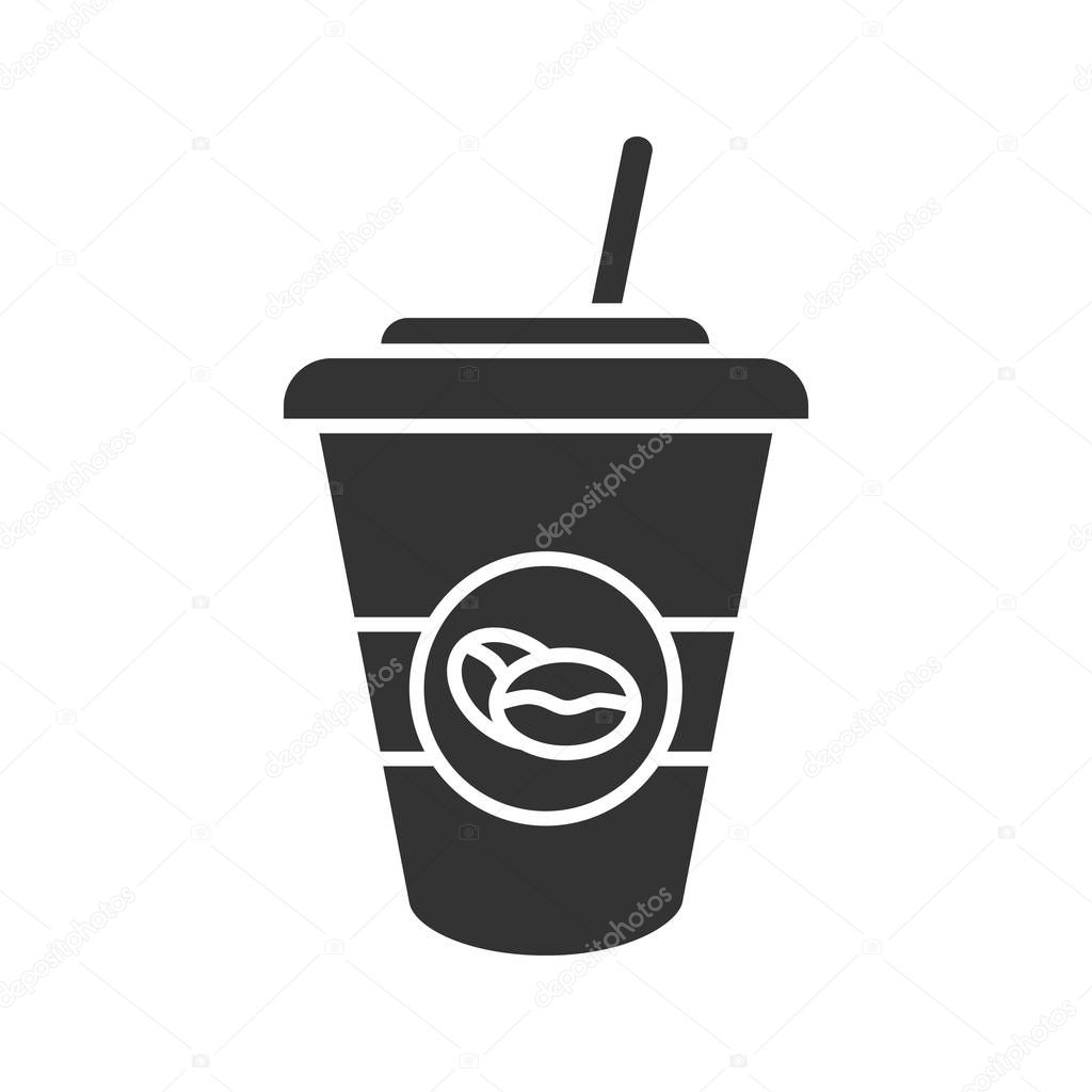 Iced coffee drink glyph icon. Disposable coffee cup with straw. Silhouette symbol. Negative space. Vector isolated illustration