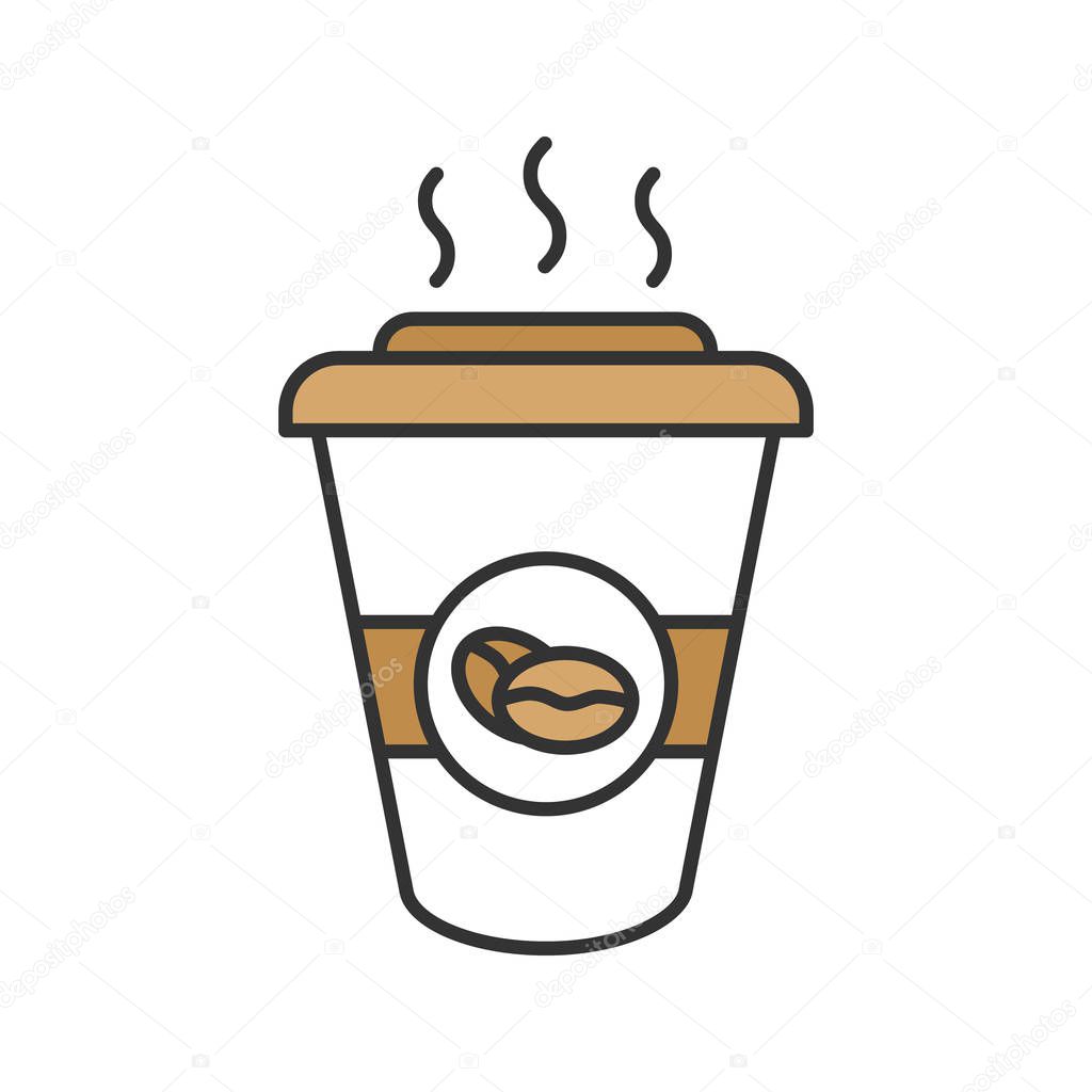 Coffee to go color icon. Disposable coffee cup with lid. Isolated vector illustration