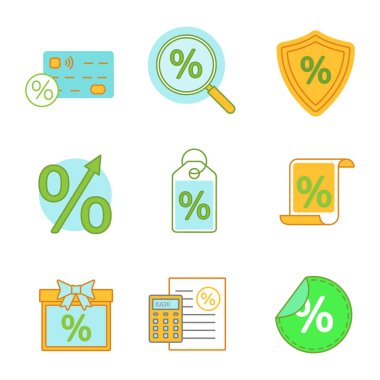Yüzdeler Icons set renk. Yüzde hesap makinesi, indirim arama, güvenli yatırım, kredi kartı, satış etiketi, kar artış, özel indirim, mali belge. İzole vektör çizimler