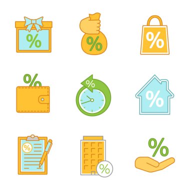 Yüzdeler Icons set renk. Teklif, Satılık, tasarruf para, ödeme koşulunu, ipotek, mali belge, faiz indirim. İzole vektör çizimler