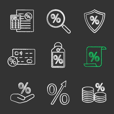 Yüzdeler Icons set tebeşir. Yüzde hesap makinesi, indirim arama, güvenli yatırım, kredi kartı, satış etiketi, kar artış, özel indirim, mali belge. İzole vektör kara tahta çizimler