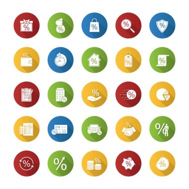 Yüzdeler düz uzun gölge glif Icons set dizayn. İndirim teklifi, gayrimenkul ipotek, bankacılık, para tasarrufu. Vektör siluet çizimi