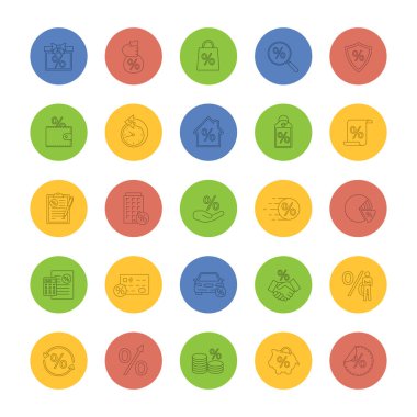 Yüzdeler doğrusal Icons set. İndirim teklifi, gayrimenkul ipotek, bankacılık, para tasarrufu. İnce çizgi Seviyelendirme simgelerini renkli arka plan üzerinde. Vektör çizimler