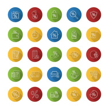 Yüzdeler düz doğrusal uzun gölge Icons set. İndirim teklifi, gayrimenkul ipotek, bankacılık, para tasarrufu. Vektör anahat çizim