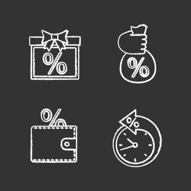 Yüzdeler Icons set tebeşir. Satış, indirimli teklif, para tasarrufu, ödeme şartı. İzole vektör kara tahta çizimler