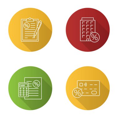 Yüzdeler düz doğrusal uzun gölge Icons set. Mali belge, düz kredi indirim, yüzde hesap makinesi, kredi kartı faiz oranı. Vektör anahat çizim