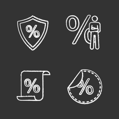 Yüzdeler Icons set tebeşir. Güvenli yatırım, işadamı, mali belge, Satılık. İzole vektör kara tahta çizimler
