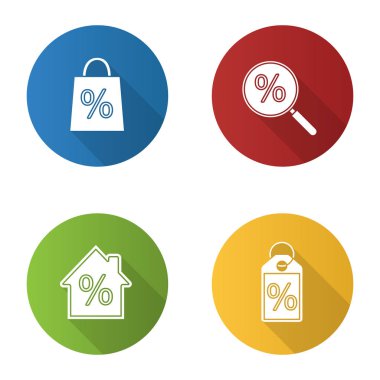 Yüzdeler düz uzun gölge glif Icons set dizayn. Satılık, arama, evi ipotek, etiketi ile yüzde indirim. Vektör siluet çizimi