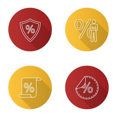 Yüzdeler düz doğrusal uzun gölge Icons set. Güvenli yatırım, işadamı, mali belge, Satılık. Vektör anahat çizim