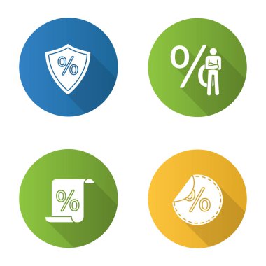 Yüzdeler düz uzun gölge glif Icons set dizayn. Güvenli yatırım, işadamı, mali belge, Satılık. Vektör siluet çizimi