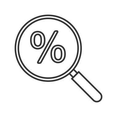 Yüzde doğrusal simgesi olan Büyüteç. İnce hat illüstrasyon. Arama indirim sağlamaktadır. Kontur sembolü. Çizim vektör izole anahat