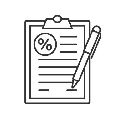 Kredi anlaşması doğrusal simgesi. İpotek belgesi. İnce hat illüstrasyon. Yüzde ile belge. Kontur sembolü. Çizim vektör izole anahat