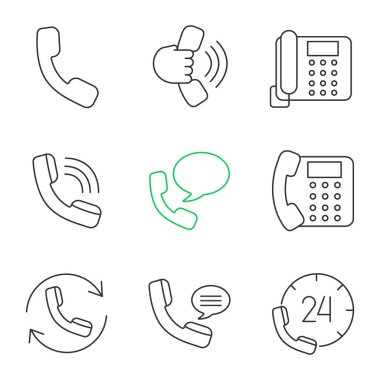 Telefon iletişim doğrusal simgeler kümesi. Cep telefonu, gelen aramayý, sabit telefon, sesli mesaj, geri arama, yardım hattı. İnce çizgi kontur sembolleri. İzole vektör anahat çizimler
