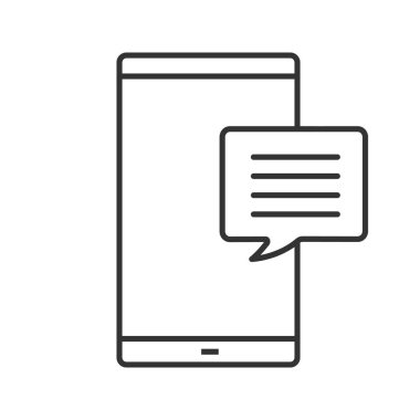 Smartphone ile konuşma balonu doğrusal simgesinin. İnce hat illüstrasyon. SMS, bildirim, mesaj. Online sohbet. Forum. Kontur sembolü. Çizim vektör izole anahat