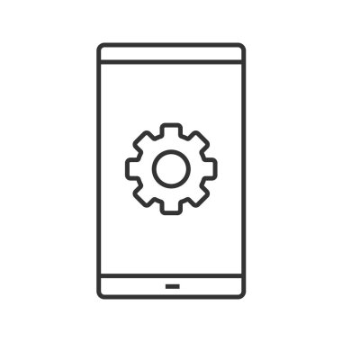 Akıllı telefon ayarları doğrusal simgesi. İnce hat illüstrasyon. Telefon ekran dişli. Kontur sembolü. Çizim vektör izole anahat