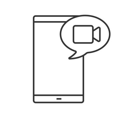 Video mesaj veya arama doğrusal simgesi. İnce hat illüstrasyon. Smartphone ile konuşma balonu içinde video fotoğraf makinesi. Kontur sembolü. Çizim vektör izole anahat