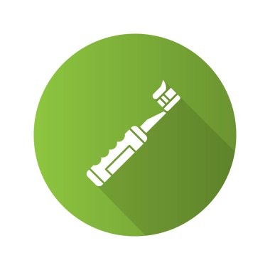 Elektrikli diş fırçası diş macunu düz tasarım uzun gölge glif simgesi ile. Diş Temizleme. Vektör siluet çizimi