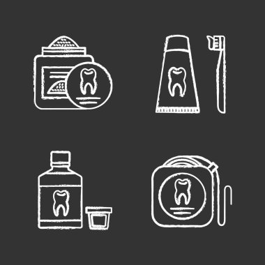 Diş Hekimliği tebeşir Icons set. Stomatology. Diş tozu, diş ipi, diş macunu, diş macunu ve diş fırçası. İzole vektör kara tahta çizimler