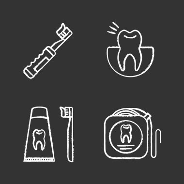 Diş Hekimliği tebeşir Icons set. Stomatology. Diş ağrısı, diş macunu, dentifrice, diş ipi ile elektrikli diş fırçası. İzole vektör kara tahta çizimler
