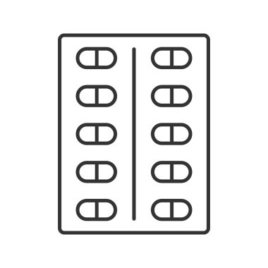 Hapları blister doğrusal simgesi. İnce hat illüstrasyon. İlaçlar. Kontur sembolü. Çizim vektör izole anahat