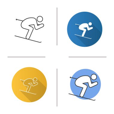 Kayakçı simgesi. Kayak kişi. Tasarım, doğrusal düz ve stilleri renk. İzole vektör çizimler